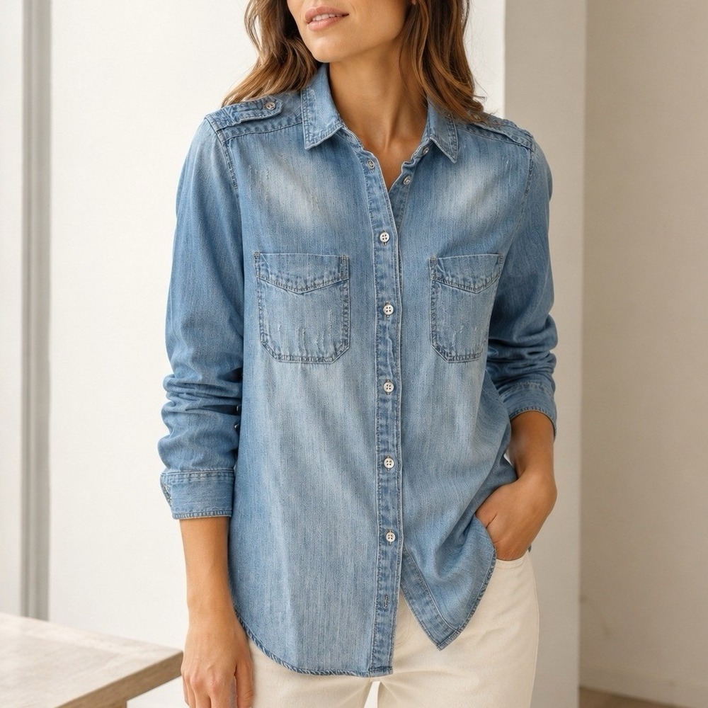 Express Boyfriend XS Blue Denim Chambray Button Down Shirt Western